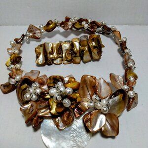 Artisan Handmade Cluster Pearls Beads Layered Statement Necklace With Bracelet